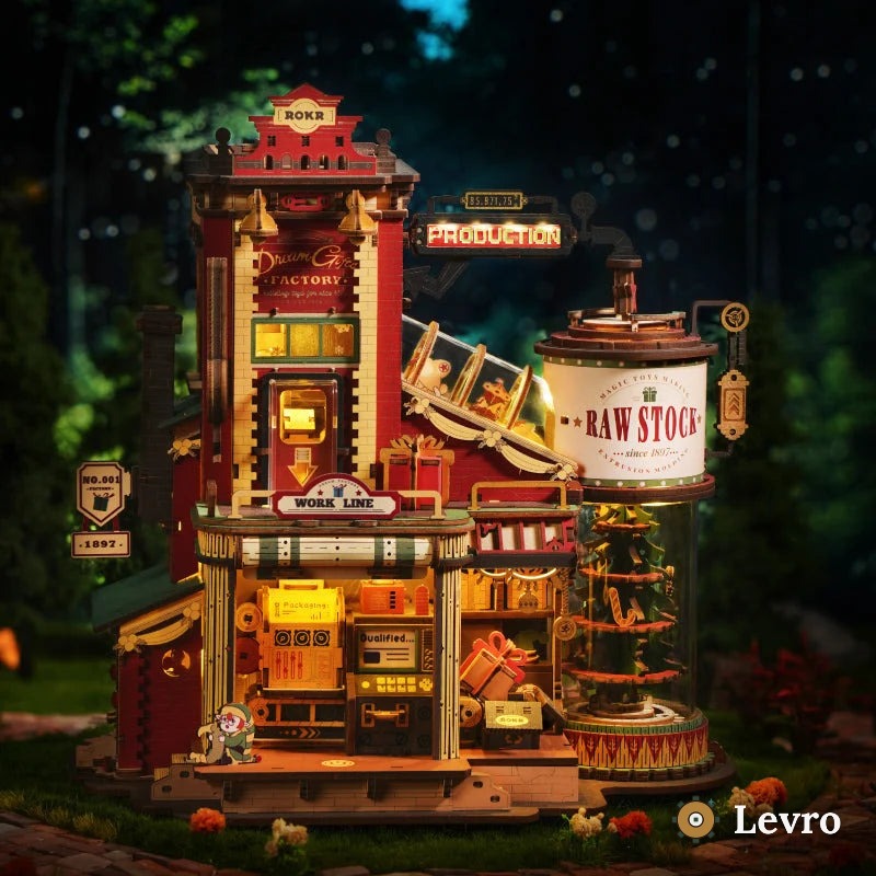 Dramatic night scene of the Levro Dream Gift Factory wooden 3D puzzle model glowing with built-in LED lights outdoors