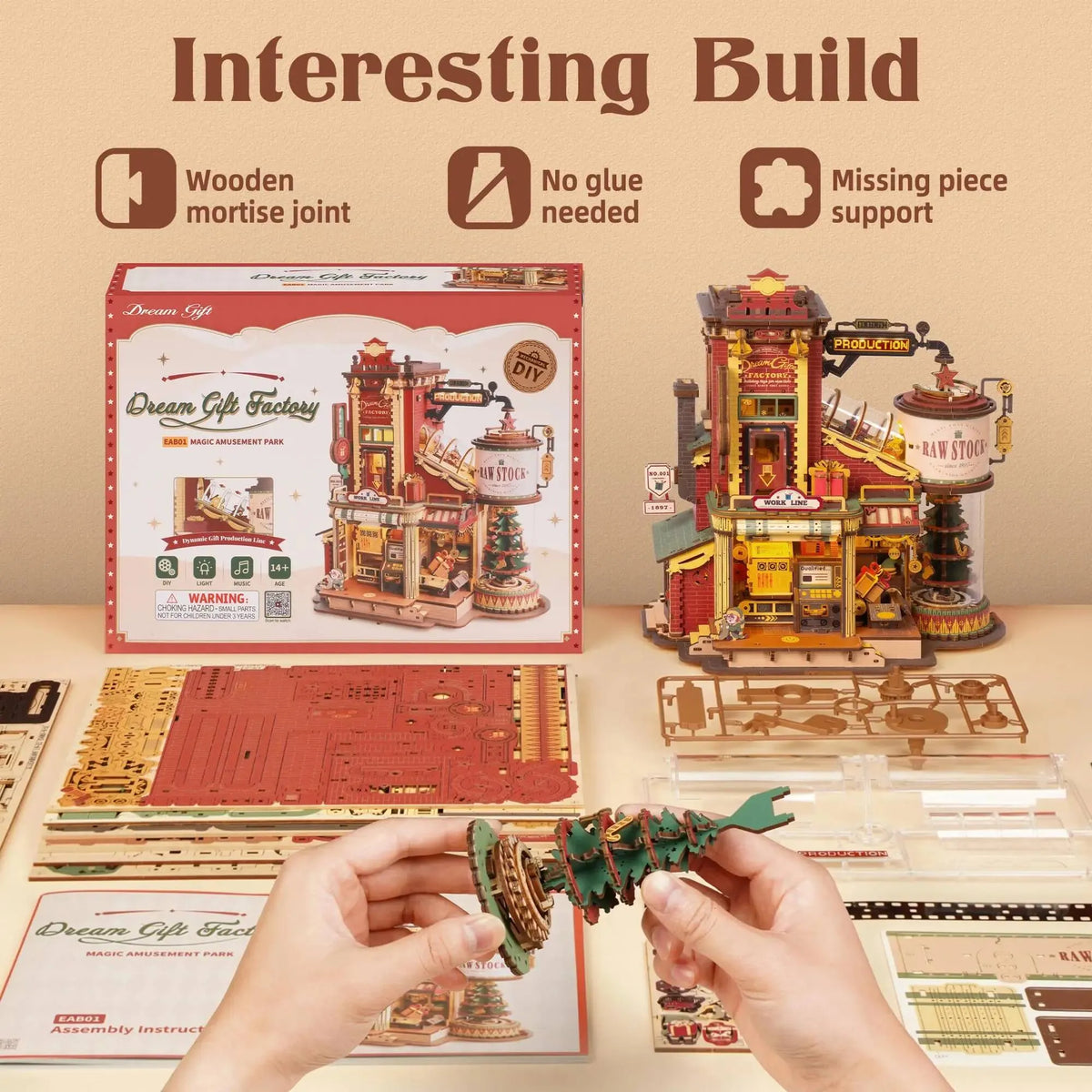Levro Dream Gift Factory kit contents: laser-cut wood sheets, mortise joints, no glue needed, and hands assembling a piece
