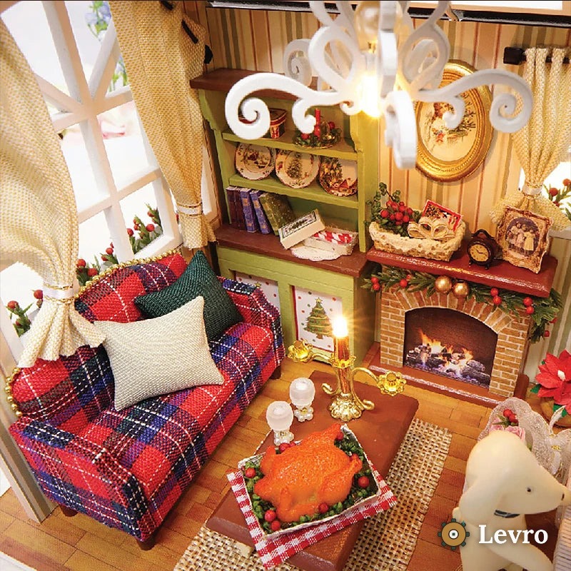 Plaid sofa, fireplace and roast dinner in the miniature cabin