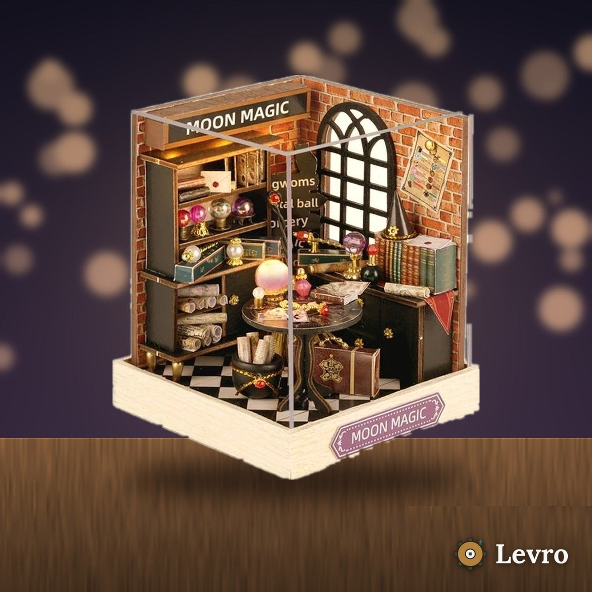 Moon Magic Shop miniature kit glowing on a cozy shelf at night