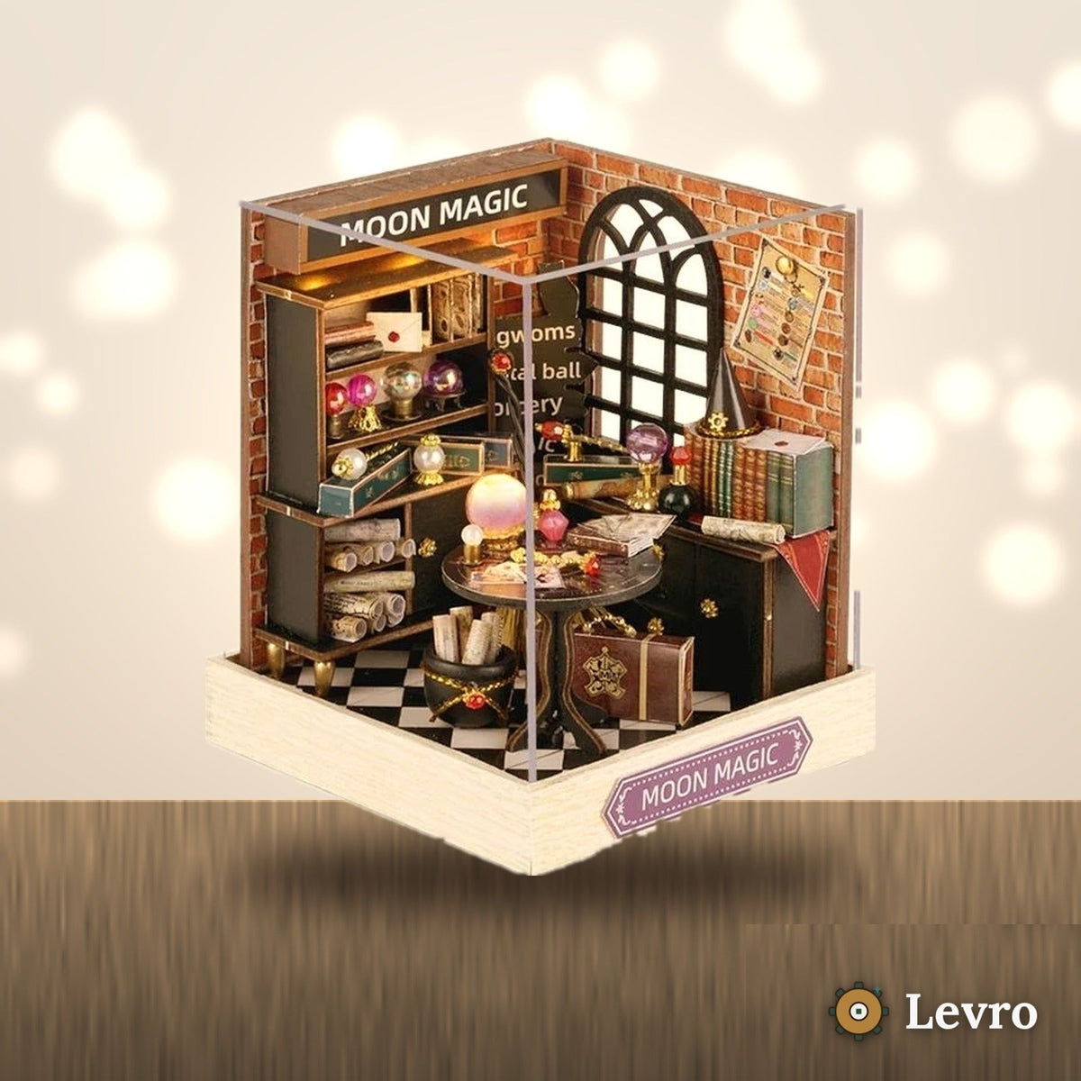 Moon Magic Shop miniature kit on a shelf – DIY miniature house with LED light