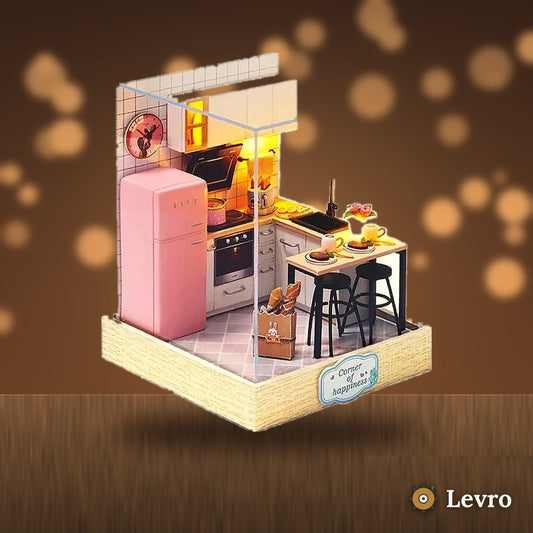 Pink Kitchen miniature kit glowing on a cozy shelf at night