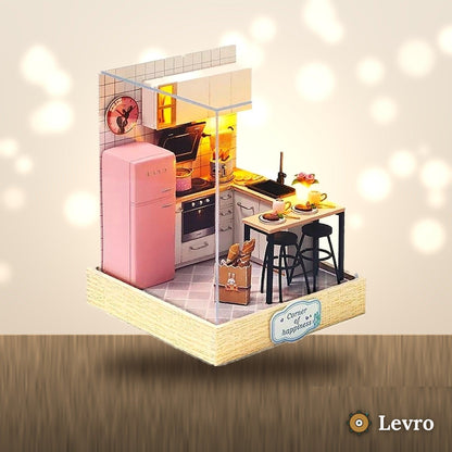 Pink Kitchen miniature kit on a shelf – DIY miniature house with LED light