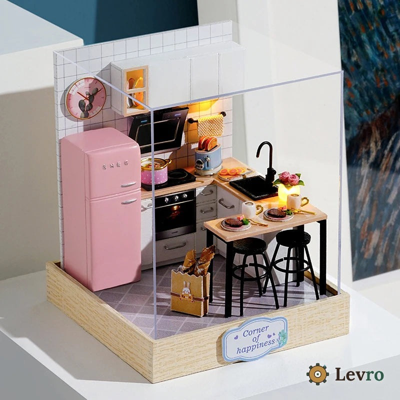 Pink Kitchen miniature kit – tiny retro kitchen with pink fridge and breakfast bar