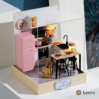 Pink Kitchen miniature kit – tiny retro kitchen with pink fridge and breakfast bar