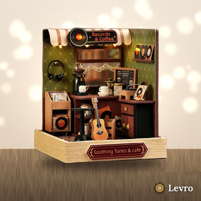 Records & Coffee miniature kit on a shelf – DIY miniature house with LED light