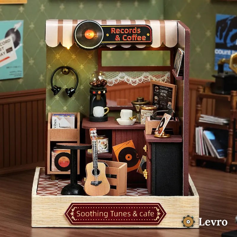 Records & Coffee miniature kit – tiny music café with turntable and guitar