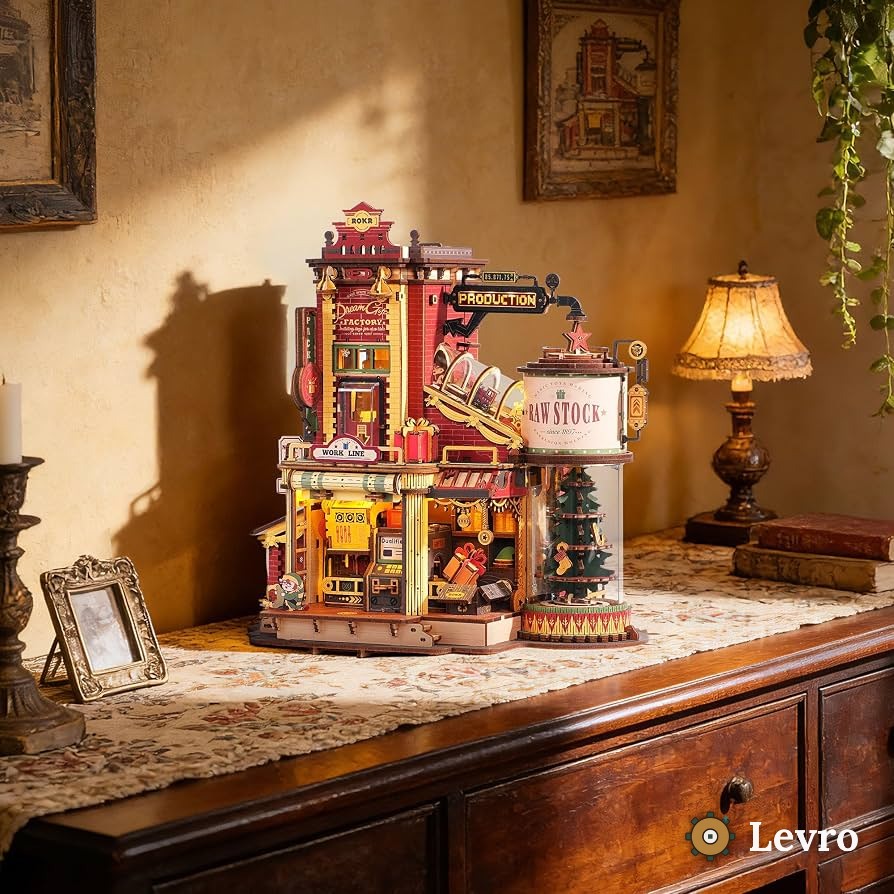 Levro Dream Gift Factory wooden 3D puzzle kit assembled with LED lighting on display