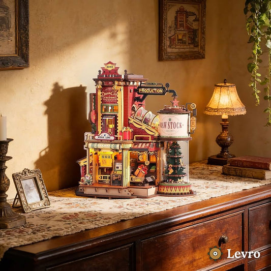 Levro Dream Gift Factory wooden 3D puzzle kit assembled with LED lighting on display