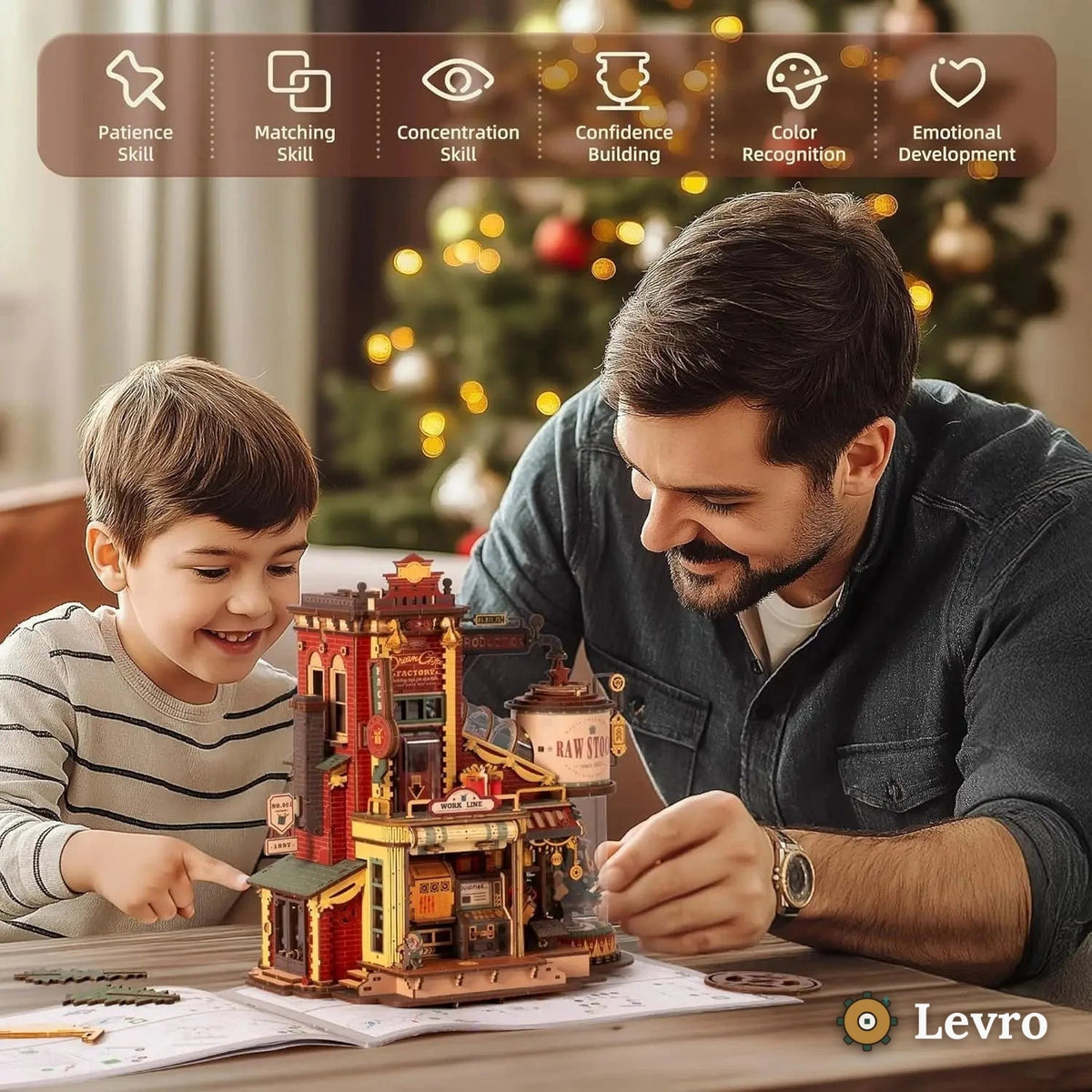 Parent and child assembling the Levro Dream Gift Factory wooden puzzle kit together at home