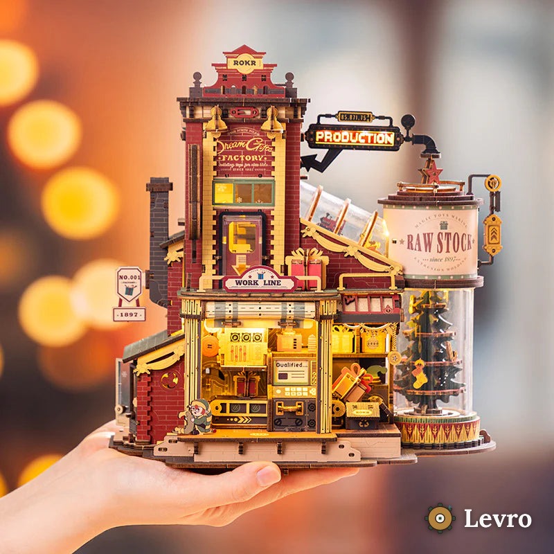 Close-up hand-held shot of the finished Levro Dream Gift Factory wooden puzzle kit lit up at night