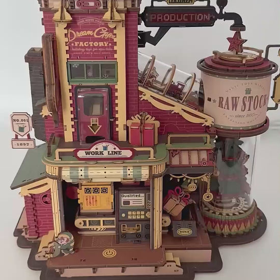 ROKR Dream Gift Factory wooden 3D puzzle – detail of the toy factory and train