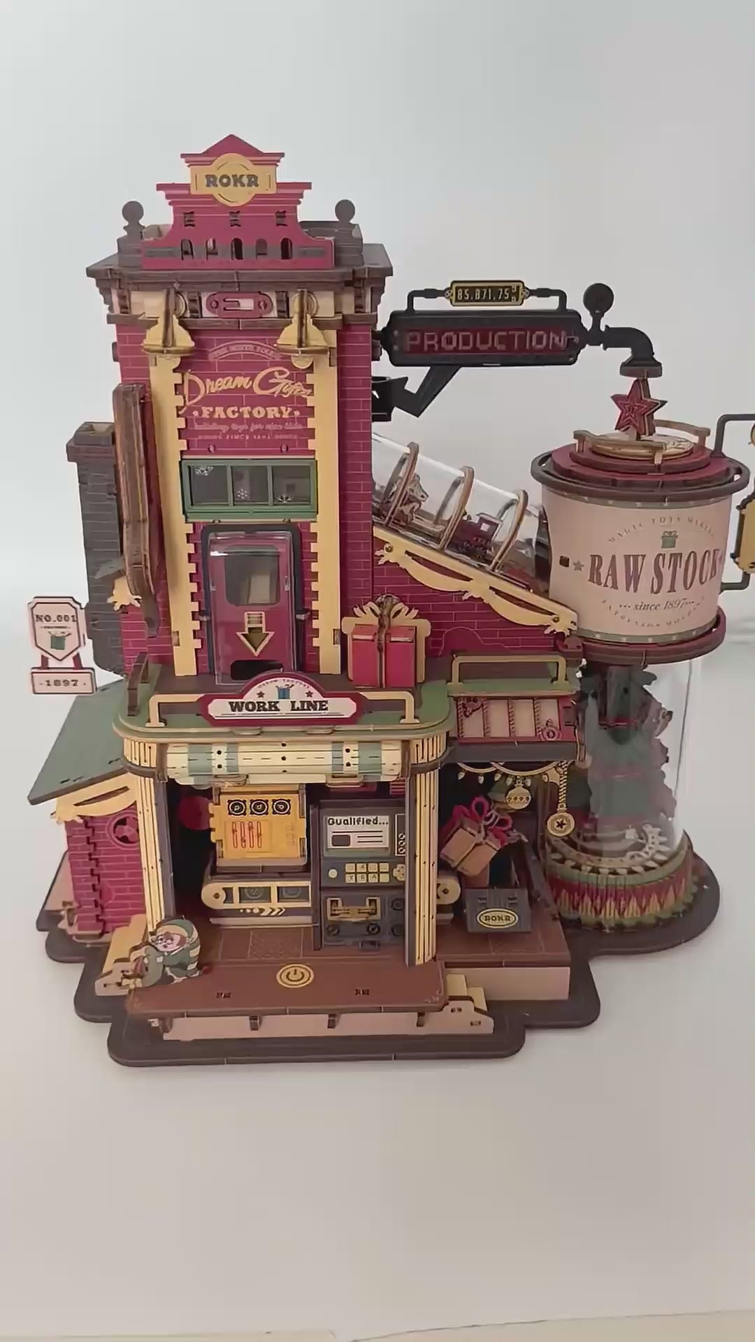 ROKR Dream Gift Factory wooden 3D puzzle – detail of the toy factory and train